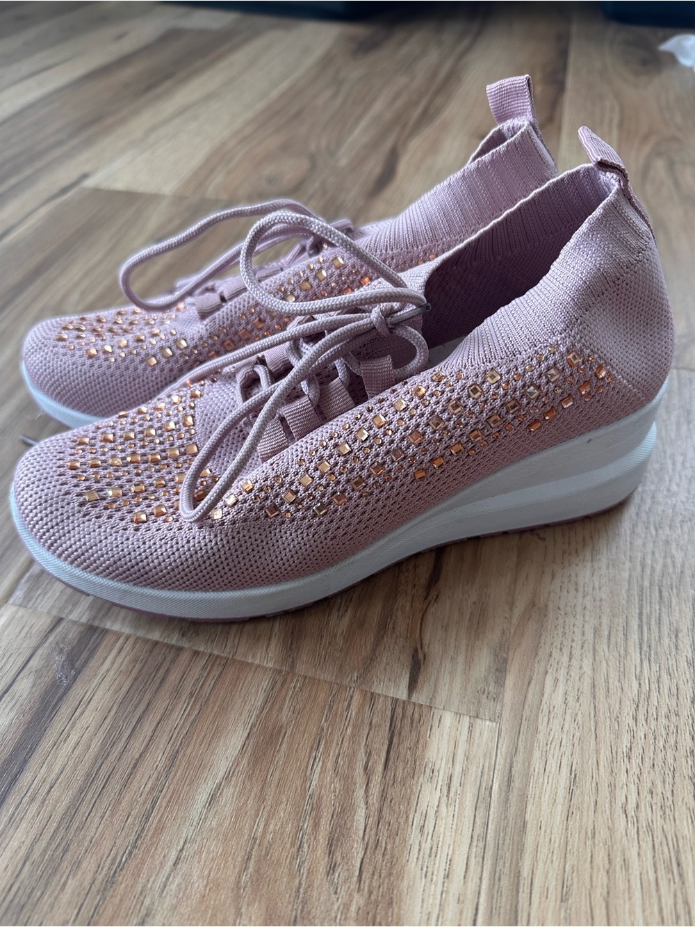 Women's Knit Lace-Up Wedge Sneakers - Blush Pink